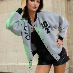 Stylecast X Hersheinbox Typography Printed Stand Collar Bomber Jacket image 4