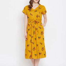 Clovia Mustard Floral Print Nighty-image-31