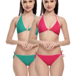 FIMS Pink & Green Plain Bra Panty Sets - Pack Of 2-image-43