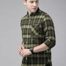 The Bear House Olive Green Cotton Slim Fit Checks Shirt-image-43