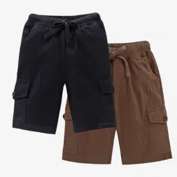 Kiddopanti Kids Brown & Black Solid Cargo Shorts (Pack Of 2)-2