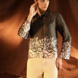 Kazo Olive Satin Floral Shirt-image-81