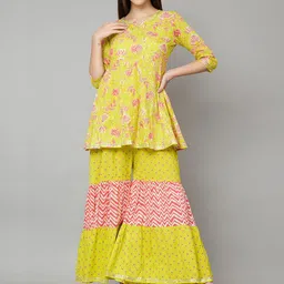 FABRIC FITOOR Women Floral Printed Regular Gotta Patti Pure Cotton Kurta with Sharara-picture-10