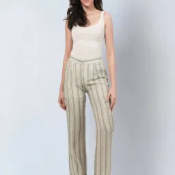 First Resort By Ramola Bachchan Sage Green & Ecru Stripe Pants image 4