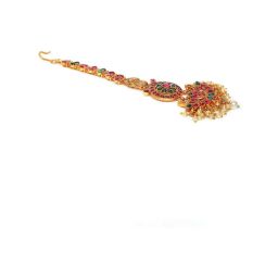 Aatmana Gold-Plated Red & Green Kemp Studded & Pearl Beaded Peacock MaangTikka for Women image 4