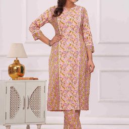 Aktasa Floral Printed Notch Neck Pure Cotton Straight Kurta With Trousers-47