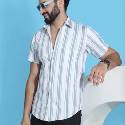 Indian Needle Sea Green Regular Fit Striped Shirt-image-2