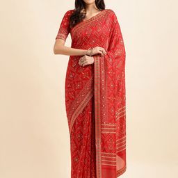 HERE&NOW Bandhani Embroidered Art Silk Saree-image-67