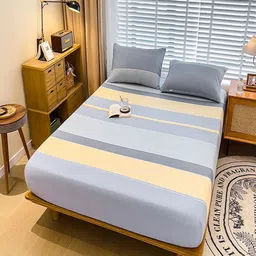 JC HOME Grey & Yellow Striped 220 TC Queen Bedsheet with 2 Pillow Covers-image-89