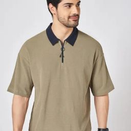 People By Pantaloons Olive Cotton Boxy Fit Polo T-Shirt-image-99
