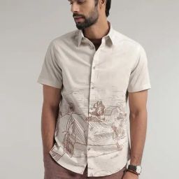 ANDAMEN Light Grey Regular Fit Printed Cotton Shirt-image-21