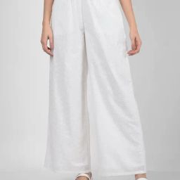 Numero Uno White Cotton Loose Fit Embroidered Trousers-image-32