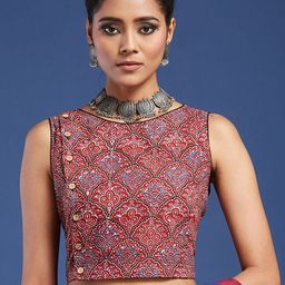 Taavi Ajrakh Cotton Sleeveless Saree Blouse-image-8