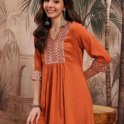 Sangria Geometric Yoke Design Foil Print Pleated Style A-Line Kurta with Trousers-3