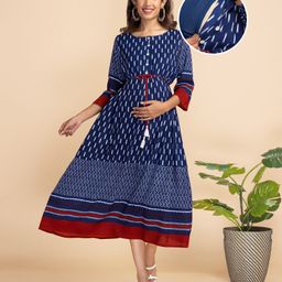 Bella Mama Three Fourth Sleeves Ikkat Maternity Dress - Navy Blue-picture-46