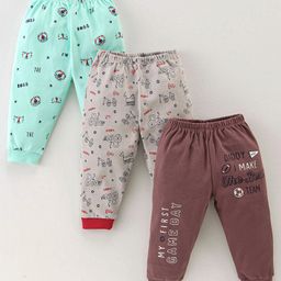 Mini Donuts Pajamas 100% Cotton Full Length Pajamas Text Printed Pack of 3 - Grey Brown & Sea Green-16