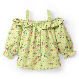 Babyhug 100% Rayon Cold Shoulder Sleeves Front Open Top With Frill Detailing Floral Print- Lime Green-image-80
