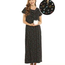Bella Mama Cotton Knit Half Sleeves Concealed Zipper Heart Printed Nighty - Black-image-93