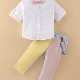 ToffyHouse 100% Cotton Full Sleeves Shirt & Trouser Set with Suspender & Bow - Pink Yellow & White-image-73