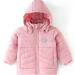 Babyhug Cotton Knit Full Sleeves Hooded Jacket With Star Patch - Pink-image-77
