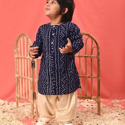 Vastramay Full Sleeves Seamless Bandhej Designed Kurta With Patiala - Navy Blue & Cream-image-92