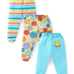 Babyhug Interlock Cotton Knit Striped Bootie Pants Smiley Print Pack of 3 - Blue & Red-image-76