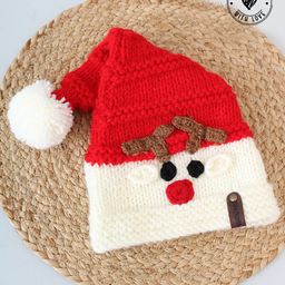 Woonie Christmas Theme Hand Knitted Reindeer Face Detailed With Pom Pom Detailed Santa Cap - Red-picture-40