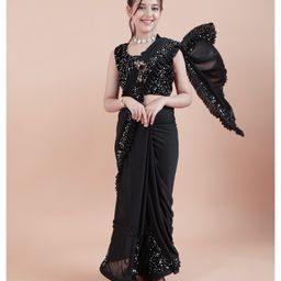 SHRITHI Fashion Fab Seamleess Sequin Embellished Unstitched Blouse Piece With Pleated Hem Detailed Lotus Pattern Saree - Black-image-46