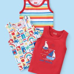 Babyhug 100% Cotton Knit Sleeveless Striped Sandos Pack of 3 - Multicolour-28