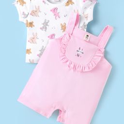ToffyHouse Cotton Knit Half Puffed Sleeves T-Shirt & Dungaree with Bunny Print & Embroidery - Pink-image-37