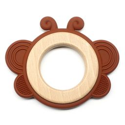 Playbox Wooden Butterfly Teether in Assorted Colours, Baby Teething Toys Silicone Teethers BPA Free Silicone Rudder with Wooden Ring Soothe Babies Gums-9