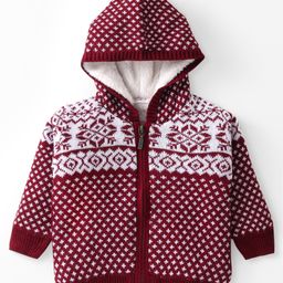 Babyhug Knitted Full Sleeves Front Open Hooded Sweater With Aztec Design - Red-image-27