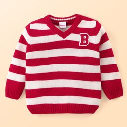 Babyhug Knit Full Sleeves Striped Pullover Sweater with Alphabet Patch - Red & White-image-84