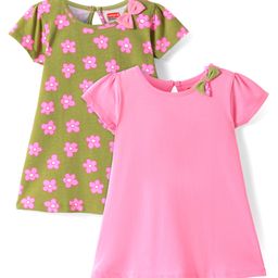 Babyhug Single Jersey Knit Half Sleeves Dresses With Floral Print & Bow Applique Pack of 2 - Olive Green & Pink-image-26