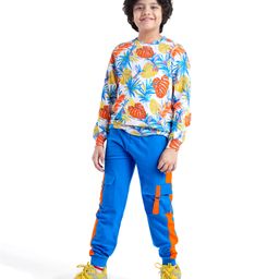 Ollington St. Cotton Knit Full Sleeves Sweatshirt & Cargo Pockets Joggers Winter Wear Suit With Tropical Theme Print - Blue-picture-15