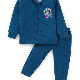 Simply Cotton Knit Full Sleeves Front Open Thermal Vest & Pant Set With Dog Print - Navy Blue-image-39