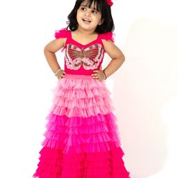 Elaisha  Frill Sleeves Butterfly Designed  Top With Gradient Tiered Net Skirt Set - Pink & Baby Pink-image-31