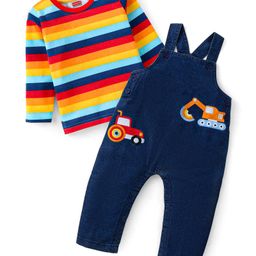 Babyhug Single Jersey Woven Dungaree with Vehicle Embroidery & Striped Full Sleeves T-Shirt - Navy Blue-image-28
