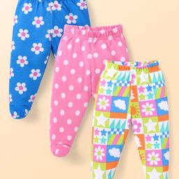 Babyhug Cotton Knit Full Length Floral & Polka Dot Printed Bootie Leggings Pack of 3 - Blue & Pink-image-97