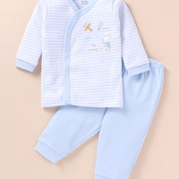 Zero Interlock Knit Full Sleeves Front Open Night Suit With Stripes & Bunny Print - Sky Blue-17
