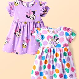 Babyhug Disney Single Jersey Knit Half Sleeves Frocks With Minnie Mouse Graphics & Frill Detailing Pack of 2 - White & Mauve-image-32