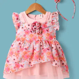 ToffyHouse Woven Frill Sleeves Party Dress With Floral Print & Applique & Headband - Pink-picture-28