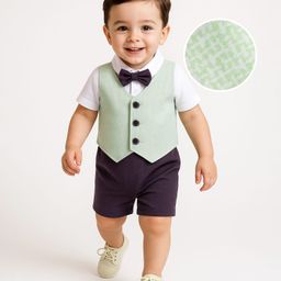 Mark & Mia Cotton Knit Half Sleeves Romper With Attached Waistcoat & Bow Applique - Light Green-image-97