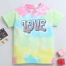 BUMZEE Cotton Woven Half Sleeves Tie Dye T-Shirt with Love Print - Pink & Light Green-image-88