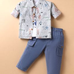 WOW Clothes Sinker Knit Full Sleeves Shirt & Trouser Set With Animal Print & Sleeveless T-Shirt - Peach-image-89