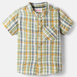 Babyhug Cotton Woven Half Sleeves Mandarin Collar Shirt With Checks Print - Green-image-4