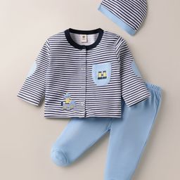 ToffyHouse Interlock Knit Full Sleeves Striped T-Shirt With Footed Leggings Set With Cap - Light Blue-image-37