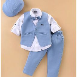 Dapper Dudes Full Sleeves Typography Printed Shirt With Solid Waistcoat Pant Cap & Bow Set - Sky Blue-image-82