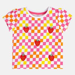 MINI KLUB Cotton Knit Half Sleeves Checked & Strawberries Embroidered Top - Pink-picture-19