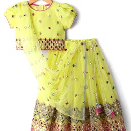 Babyhug Woven Puffed Sleeves Choli Lehenga & Dupatta Set With Mirror Embriodery - Yellow-picture-29